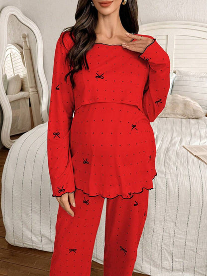 2-Piece Polka Dot Bow Print Maternity Pajama Set - Nursing Friendly Long Sleeve Top and Pants - Soft Stretch Fall Winter Sleepwear for Moms