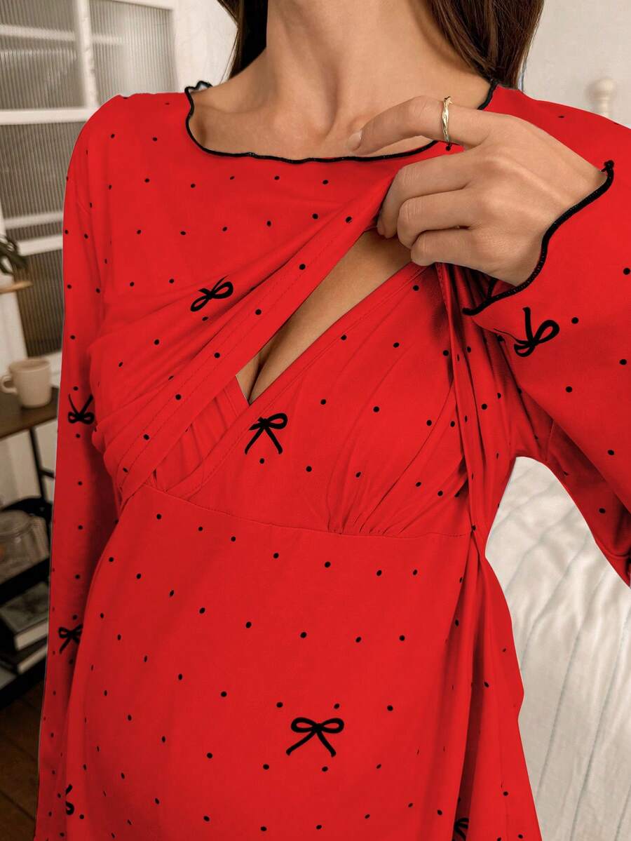 Maternity Pajama Set 2 Pack - Polka Dot Bow Print Crew Neck Long Sleeve Top and Pants, Nursing