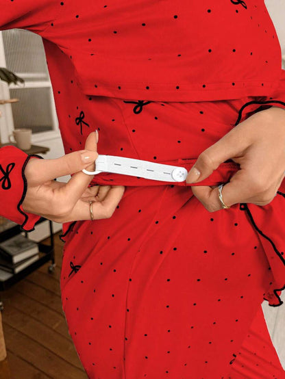 2-Piece Polka Dot Bow Print Maternity Pajama Set - Nursing Friendly Long Sleeve Top and Pants - Soft Stretch Fall Winter Sleepwear for Moms