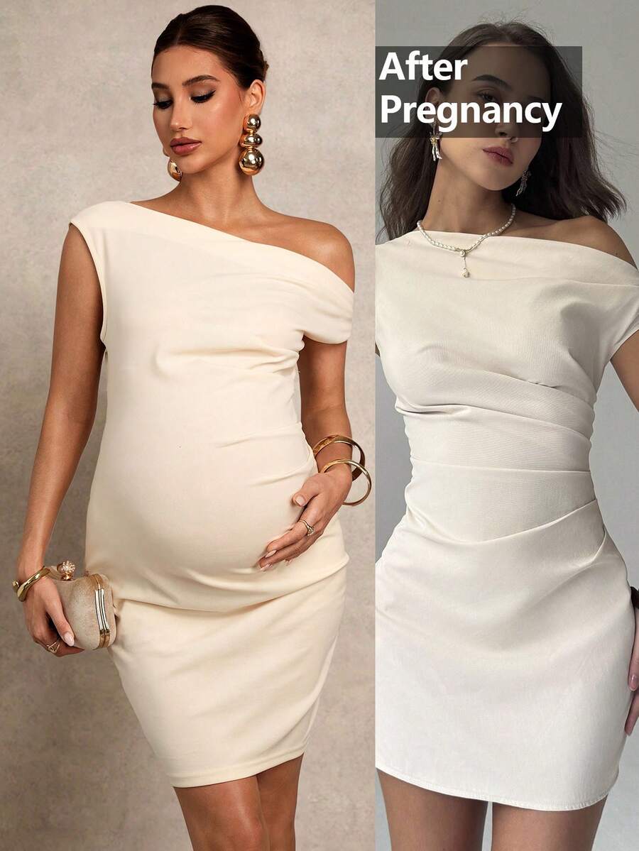 Maternity Clothes Dress Solid Color Ruched Asymmetric Shoulder Fitted Elegant Beige Pregnancy Photoshoot One Baby Shower