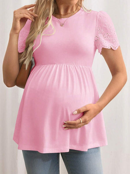 Black Maternity Knitted T-Shirt with Scalloped Short Sleeves and Flared Hem - Casual Round Neck Pregnancy Top