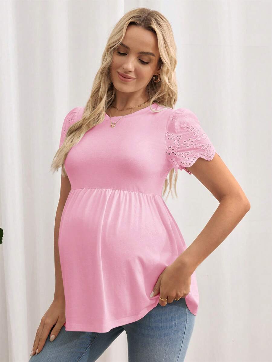Black Maternity Knitted T-Shirt with Scalloped Short Sleeves and Flared Hem - Casual Round Neck Pregnancy Top