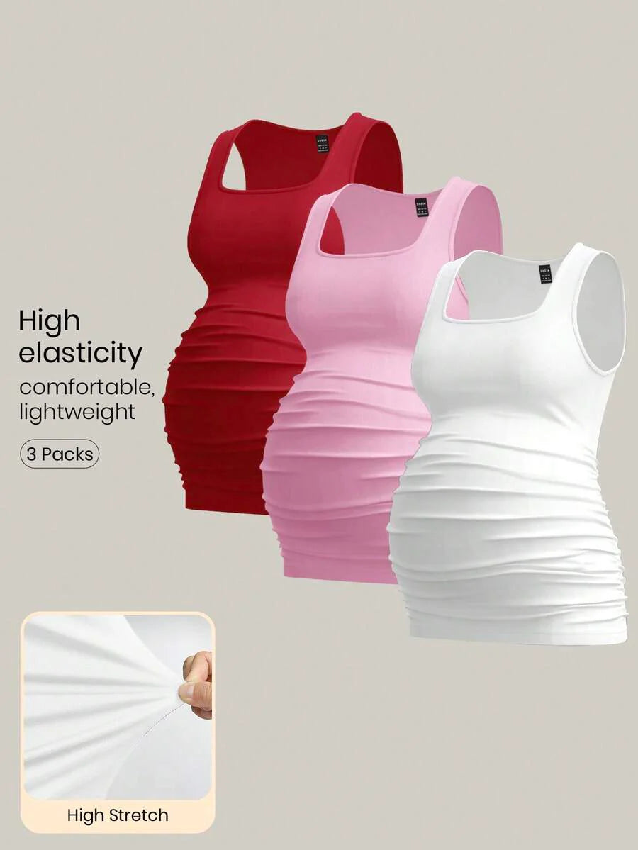 Maternity Ruched Tank Top 3-Pack - Square Neck, Slim Fit, Multicolor