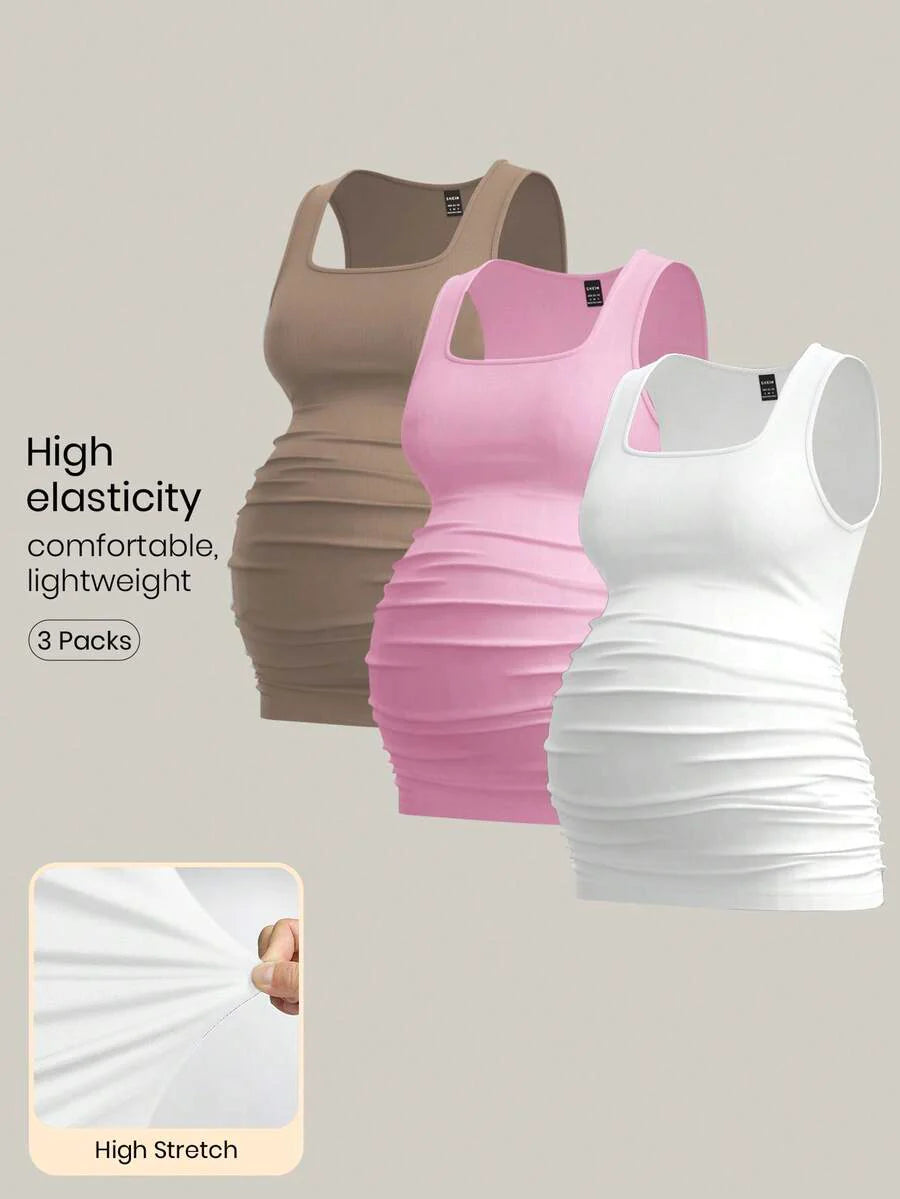 Maternity Ruched Tank Top 3-Pack - Square Neck, Slim Fit, Multicolor