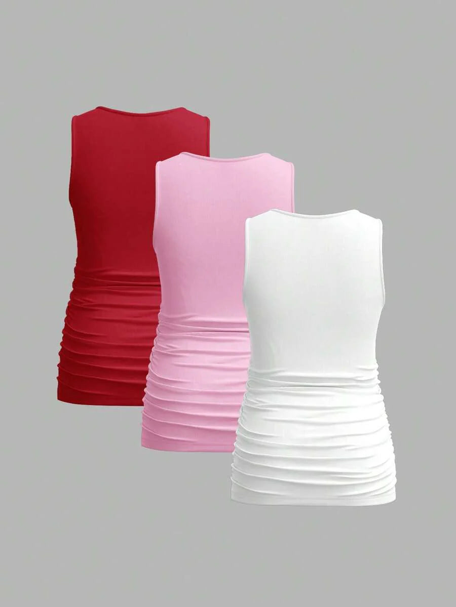 Maternity Ruched Tank Top 3-Pack - Square Neck, Slim Fit, Multicolor