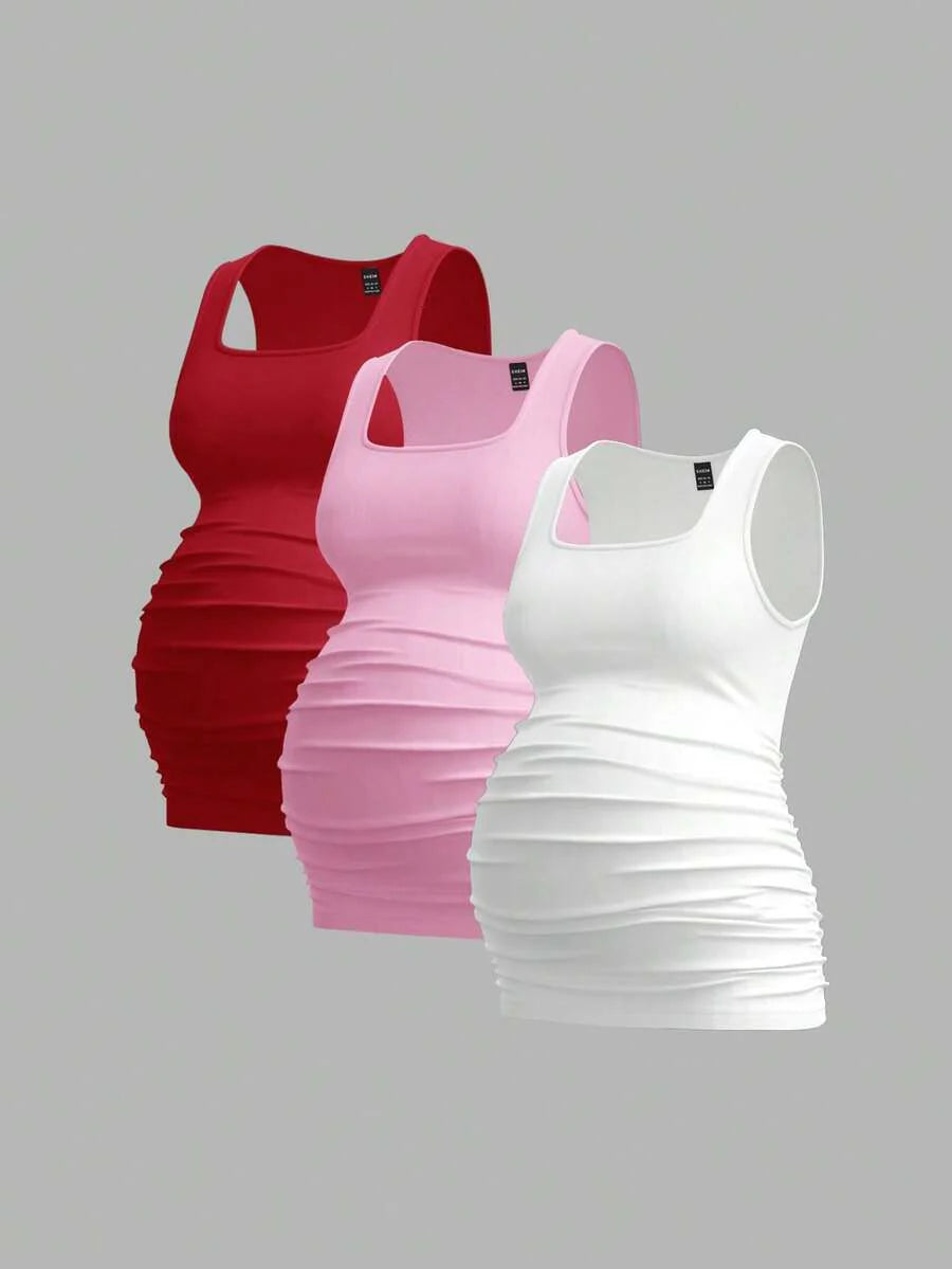Maternity Ruched Tank Top 3-Pack - Square Neck, Slim Fit, Multicolor