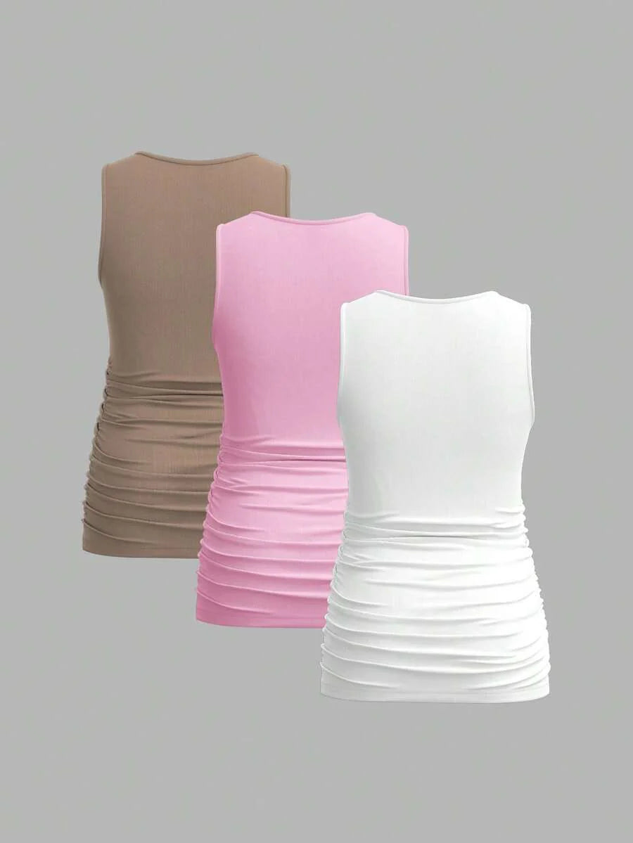 Maternity Ruched Tank Top 3-Pack - Square Neck, Slim Fit, Multicolor