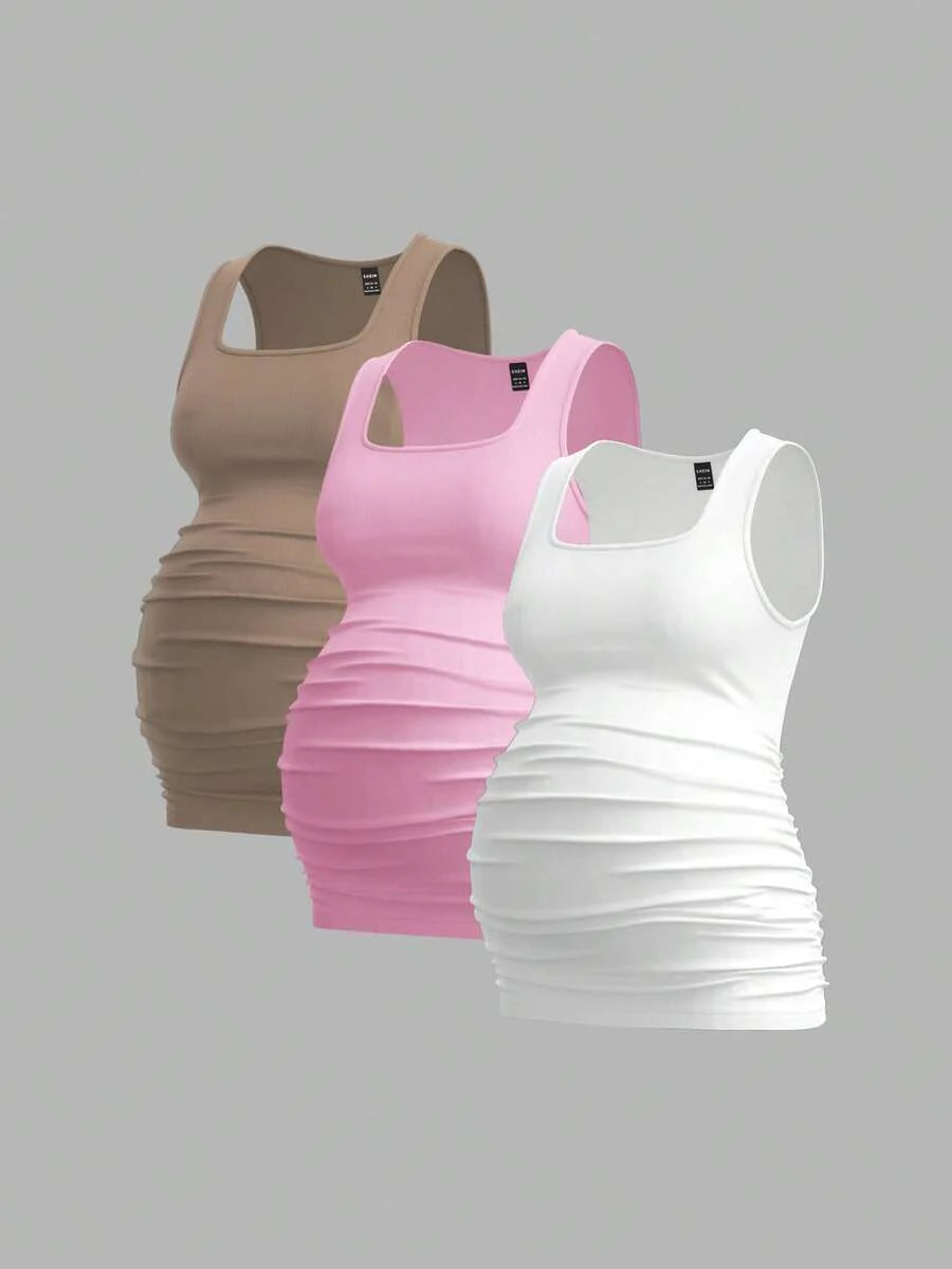 Maternity Ruched Tank Top 3-Pack - Square Neck, Slim Fit, Multicolor