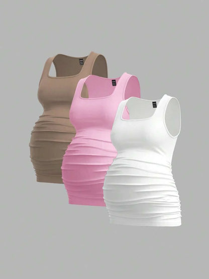 Maternity Ruched Tank Top 3-Pack - Square Neck, Slim Fit, Multicolor