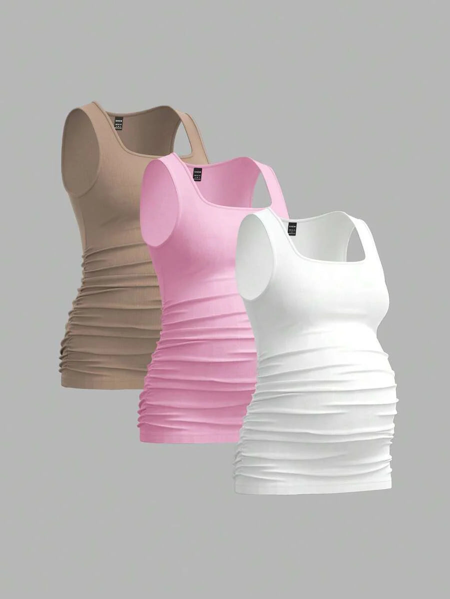 Maternity Ruched Tank Top 3-Pack - Square Neck, Slim Fit, Multicolor