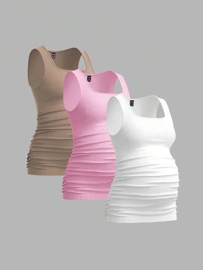 Maternity Ruched Tank Top 3-Pack - Square Neck, Slim Fit, Multicolor