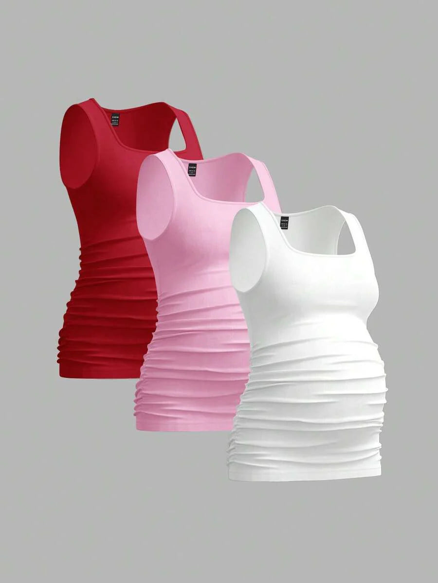 Maternity Ruched Tank Top 3-Pack - Square Neck, Slim Fit, Multicolor