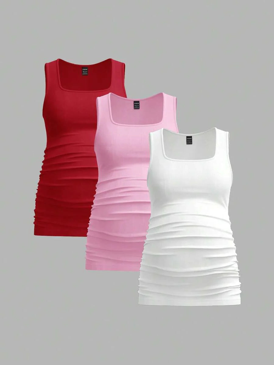 Maternity Ruched Tank Top 3-Pack - Square Neck, Slim Fit, Multicolor
