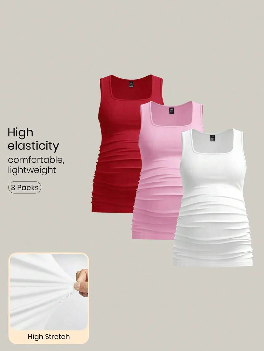 Maternity Ruched Tank Top 3-Pack - Square Neck, Slim Fit, Multicolor