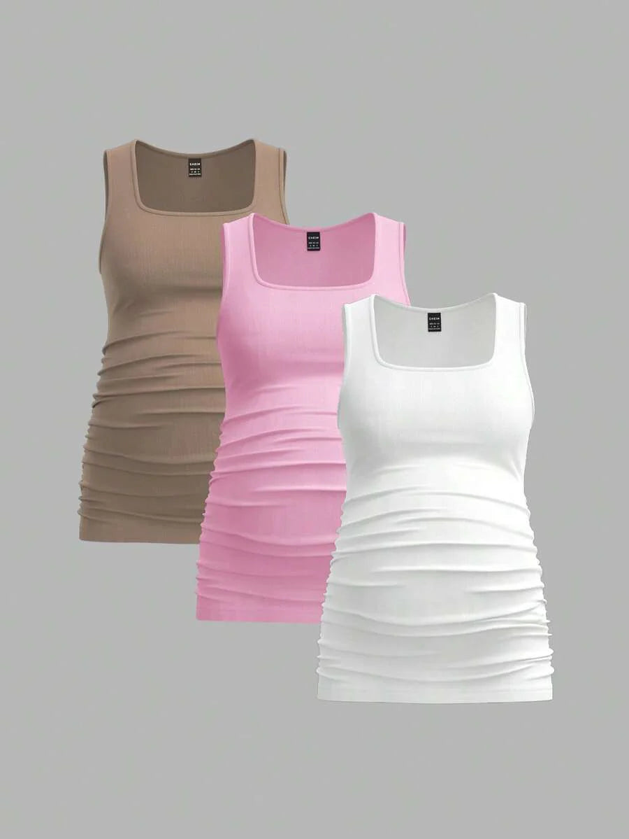 Maternity Ruched Tank Top 3-Pack - Square Neck, Slim Fit, Multicolor