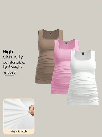 Maternity Ruched Tank Top 3-Pack - Square Neck, Slim Fit, Multicolor