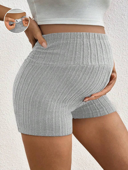 Black Rib-Knit Maternity Shorts - Ultra High Waist Elastic Comfort Pregnancy Shorts for Daily Wear with Button Detail