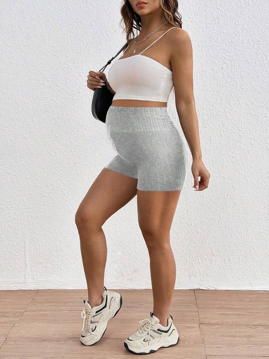 Black Rib-Knit Maternity Shorts - Ultra High Waist Elastic Comfort Pregnancy Shorts for Daily Wear with Button Detail