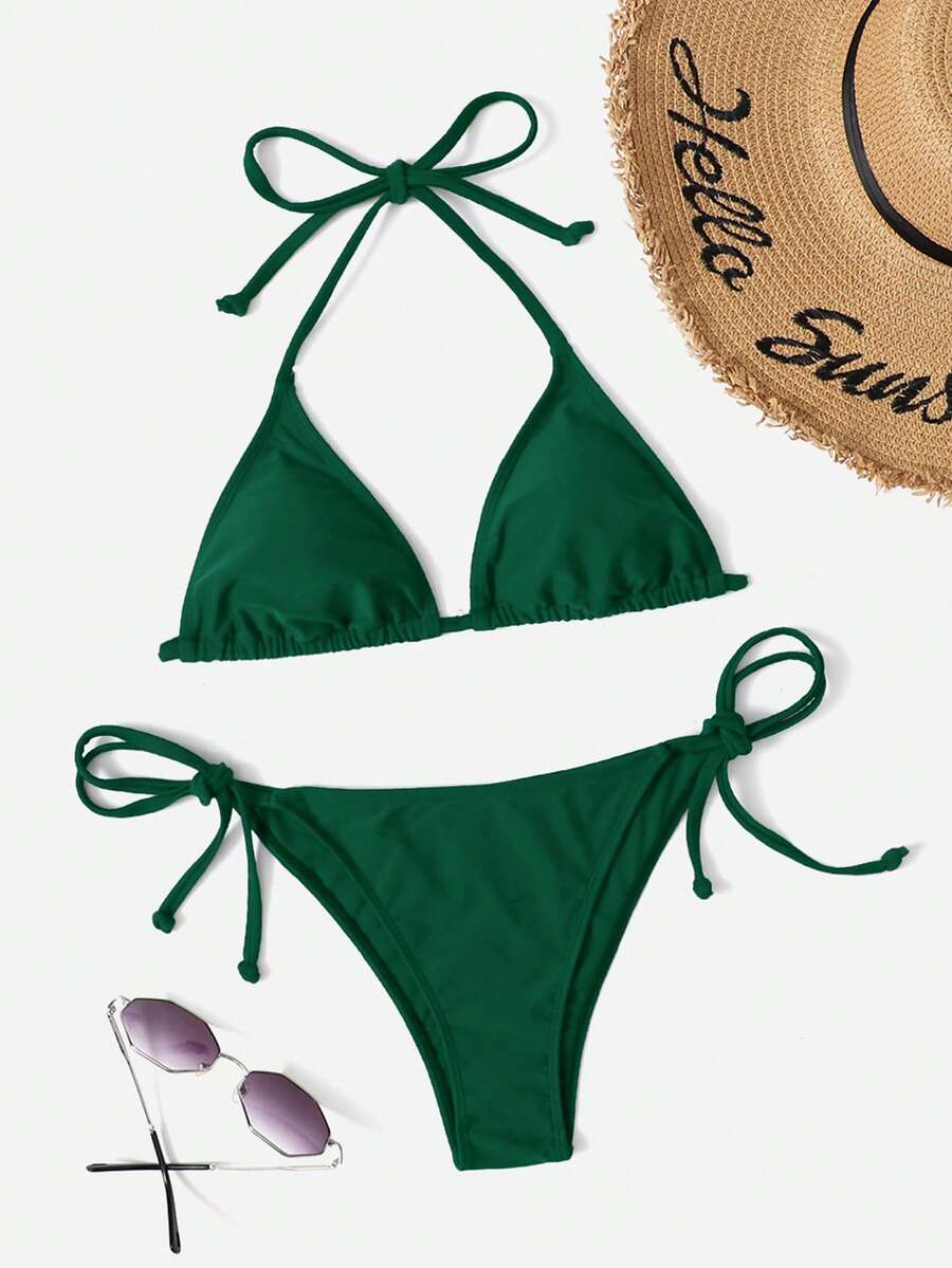 Women's Plain Halter Bikini Set - Knot Detail, Tie Side, Triangle Cup, Navy Blue