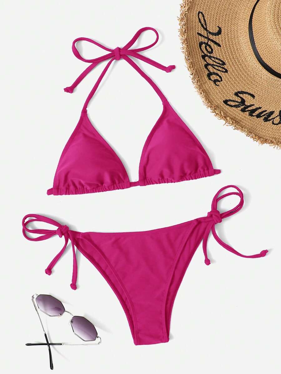 Women's Plain Halter Bikini Set - Knot Detail, Tie Side, Triangle Cup, Navy Blue