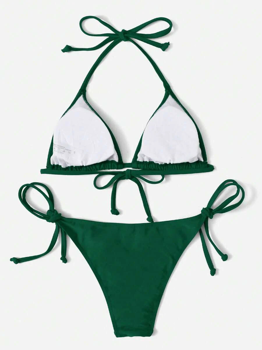 Women's Plain Halter Bikini Set - Knot Detail, Tie Side, Triangle Cup, Navy Blue