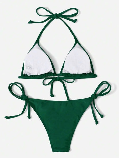 Women's Plain Halter Bikini Set - Knot Detail, Tie Side, Triangle Cup, Navy Blue