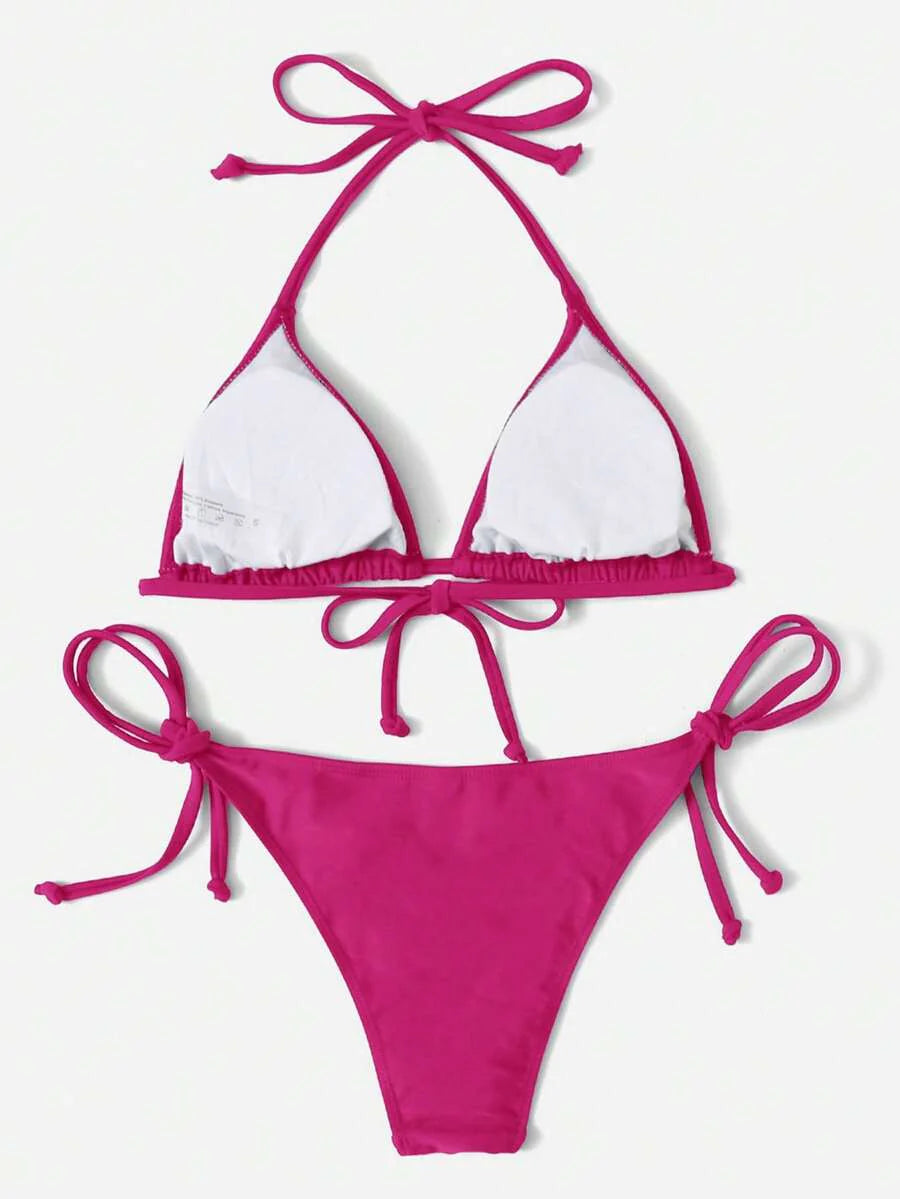 Women's 2-Piece Halter Bikini Set - Leopard & Floral Print, Tie Side, Triangle Cup, Multicolor