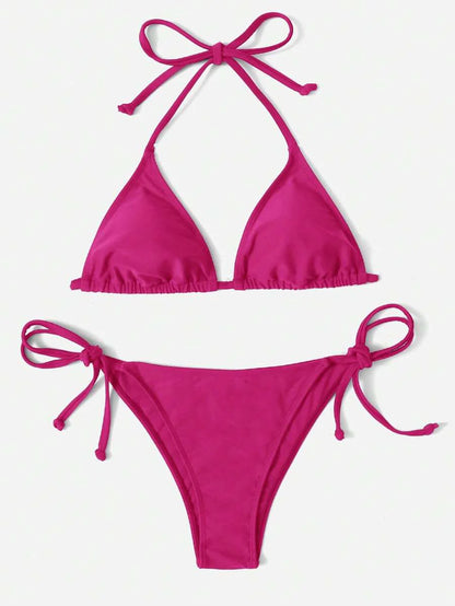 Women's Plain Halter Bikini Set - Knot Detail, Tie Side, Triangle Cup, Navy Blue