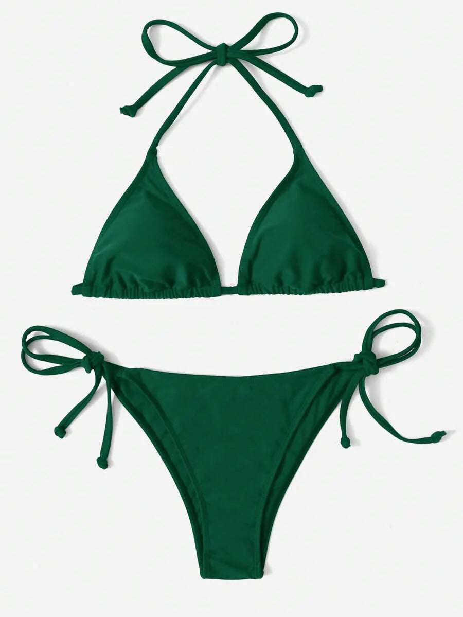 Women's Plain Halter Bikini Set - Knot Detail, Tie Side, Triangle Cup, Navy Blue