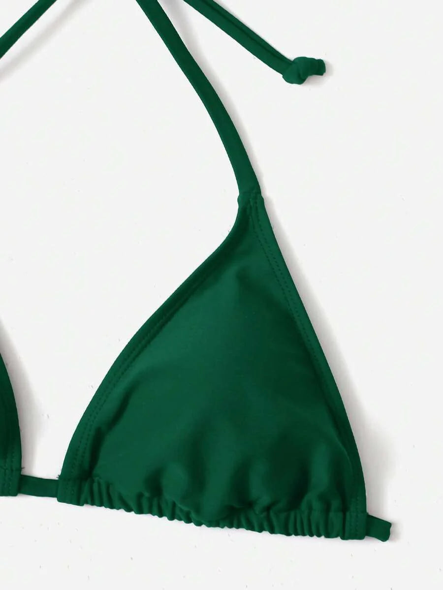 Women's Plain Halter Bikini Set - Knot Detail, Tie Side, Triangle Cup, Navy Blue