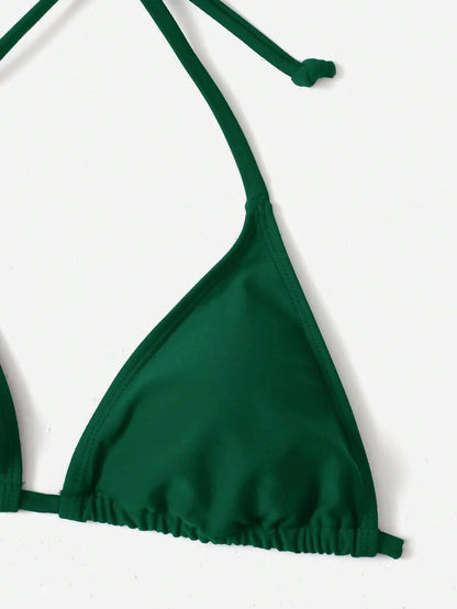 Women's Plain Halter Bikini Set - Knot Detail, Tie Side, Triangle Cup, Navy Blue