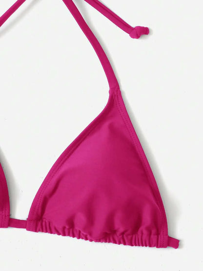 Women's Plain Halter Bikini Set - Knot Detail, Tie Side, Triangle Cup, Navy Blue