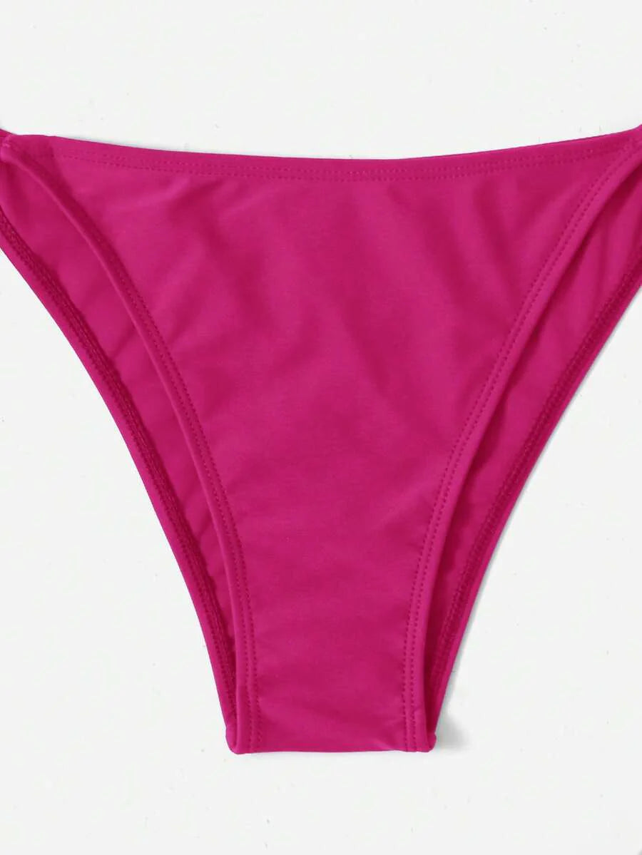 Women's Plain Halter Bikini Set - Knot Detail, Tie Side, Triangle Cup, Navy Blue