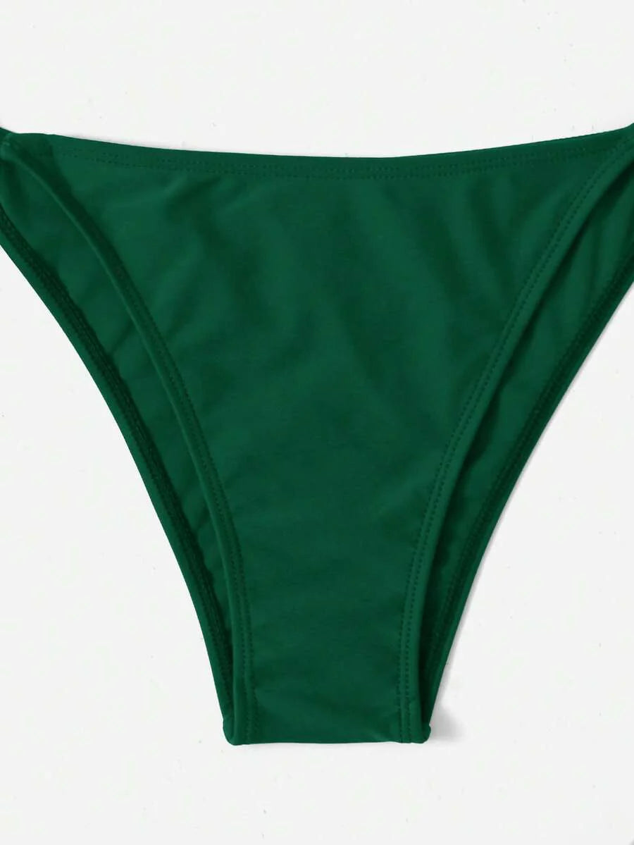 Women's Plain Halter Bikini Set - Knot Detail, Tie Side, Triangle Cup, Navy Blue