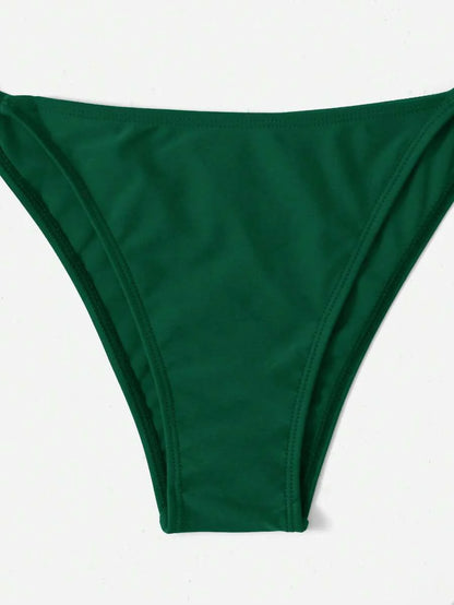 Women's Plain Halter Bikini Set - Knot Detail, Tie Side, Triangle Cup, Navy Blue