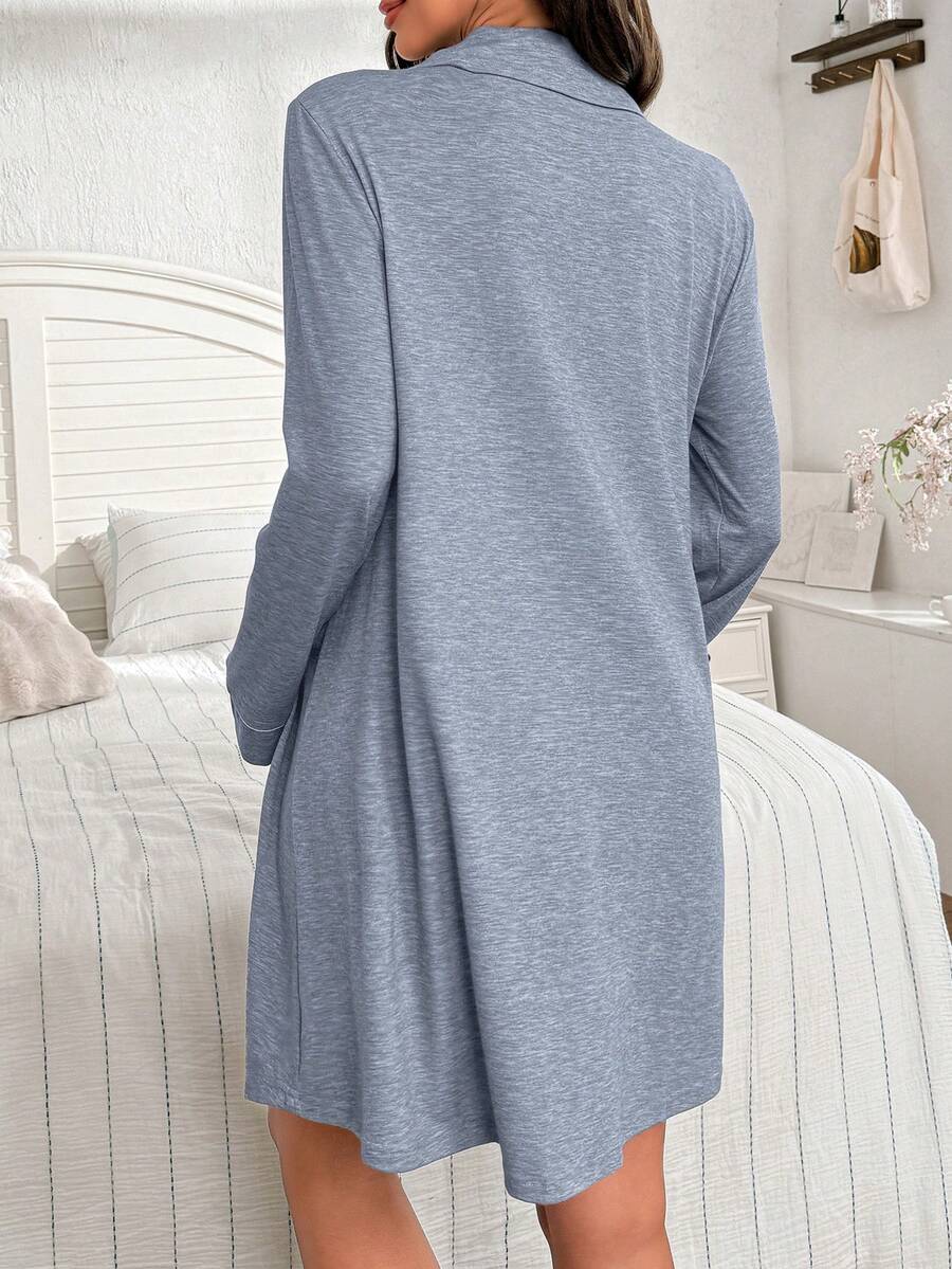 Khaki Christmas Embroidered Maternity Nightgown - Long Sleeve Button Front Knit Loungewear Dress - Casual Loose Turndown Collar Long Pajama Dress
