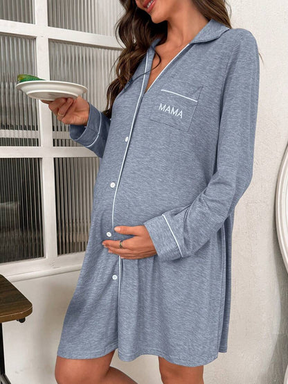 Khaki Christmas Embroidered Maternity Nightgown - Long Sleeve Button Front Knit Loungewear Dress - Casual Loose Turndown Collar Long Pajama Dress