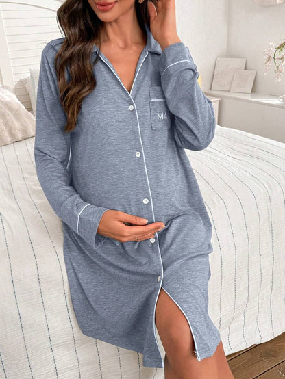 Maternity Knit Long Sleeve Dress - Casual Loose Turndown Collar Pocket Embroidered, Pregnancy