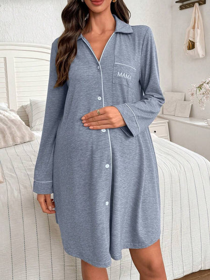 Maternity Knit Long Sleeve Dress - Casual Loose Turndown Collar Pocket Embroidered, Pregnancy