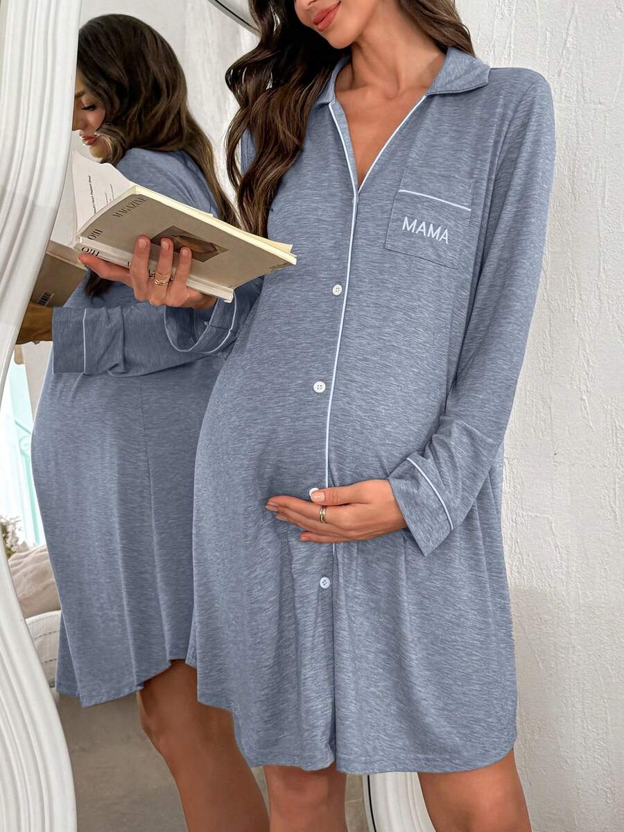 Maternity Knit Long Sleeve Dress - Casual Loose Turndown Collar Pocket Embroidered, Pregnancy