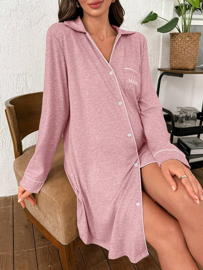 Khaki Christmas Embroidered Maternity Nightgown - Long Sleeve Button Front Knit Loungewear Dress - Casual Loose Turndown Collar Long Pajama Dress