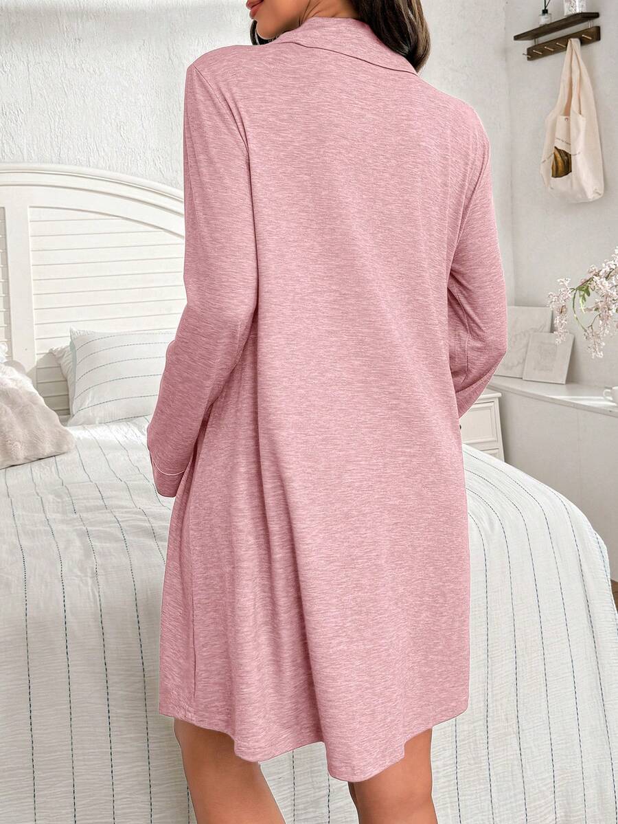 Khaki Christmas Embroidered Maternity Nightgown - Long Sleeve Button Front Knit Loungewear Dress - Casual Loose Turndown Collar Long Pajama Dress