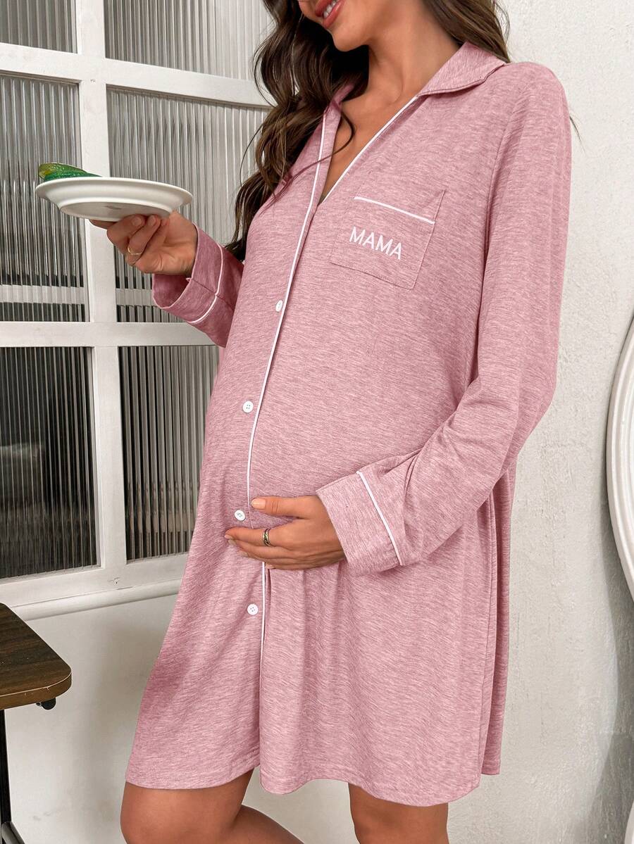 Maternity Knit Long Sleeve Dress - Casual Loose Turndown Collar Pocket Embroidered, Pregnancy