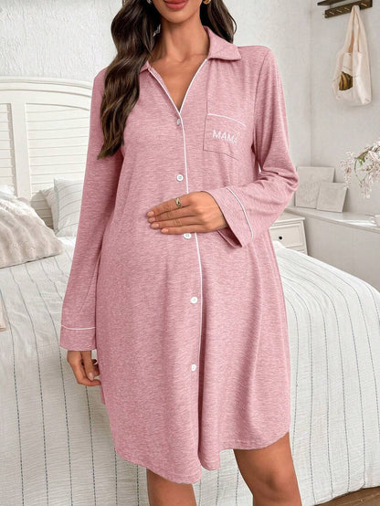 Maternity Knit Long Sleeve Dress - Casual Loose Turndown Collar Pocket Embroidered, Pregnancy