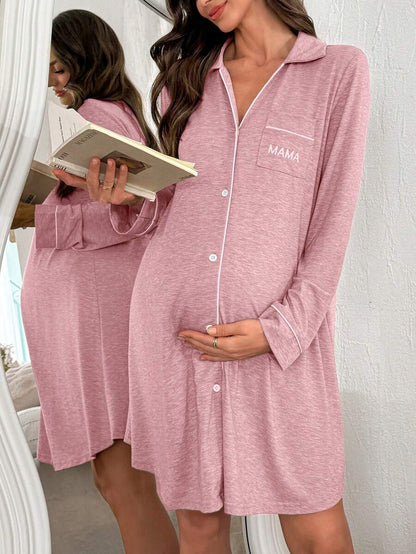 Maternity Knit Long Sleeve Dress - Casual Loose Turndown Collar Pocket Embroidered, Pregnancy