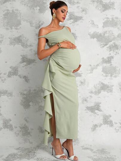 Maternity Sage Green Summer Elegant Dress,Asymmetric Shoulder Ruched Patchwork Ruffle Hem Side Slit Pregnancy Photoshoot Baby Shower Wedding Guest