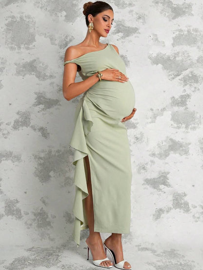Maternity Sage Green Summer Elegant Dress,Asymmetric Shoulder Ruched Patchwork Ruffle Hem Side Slit Pregnancy Photoshoot Baby Shower Wedding Guest