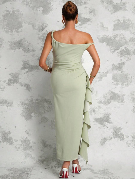 Maternity Sage Green Summer Elegant Dress,Asymmetric Shoulder Ruched Patchwork Ruffle Hem Side Slit Pregnancy Photoshoot Baby Shower Wedding Guest