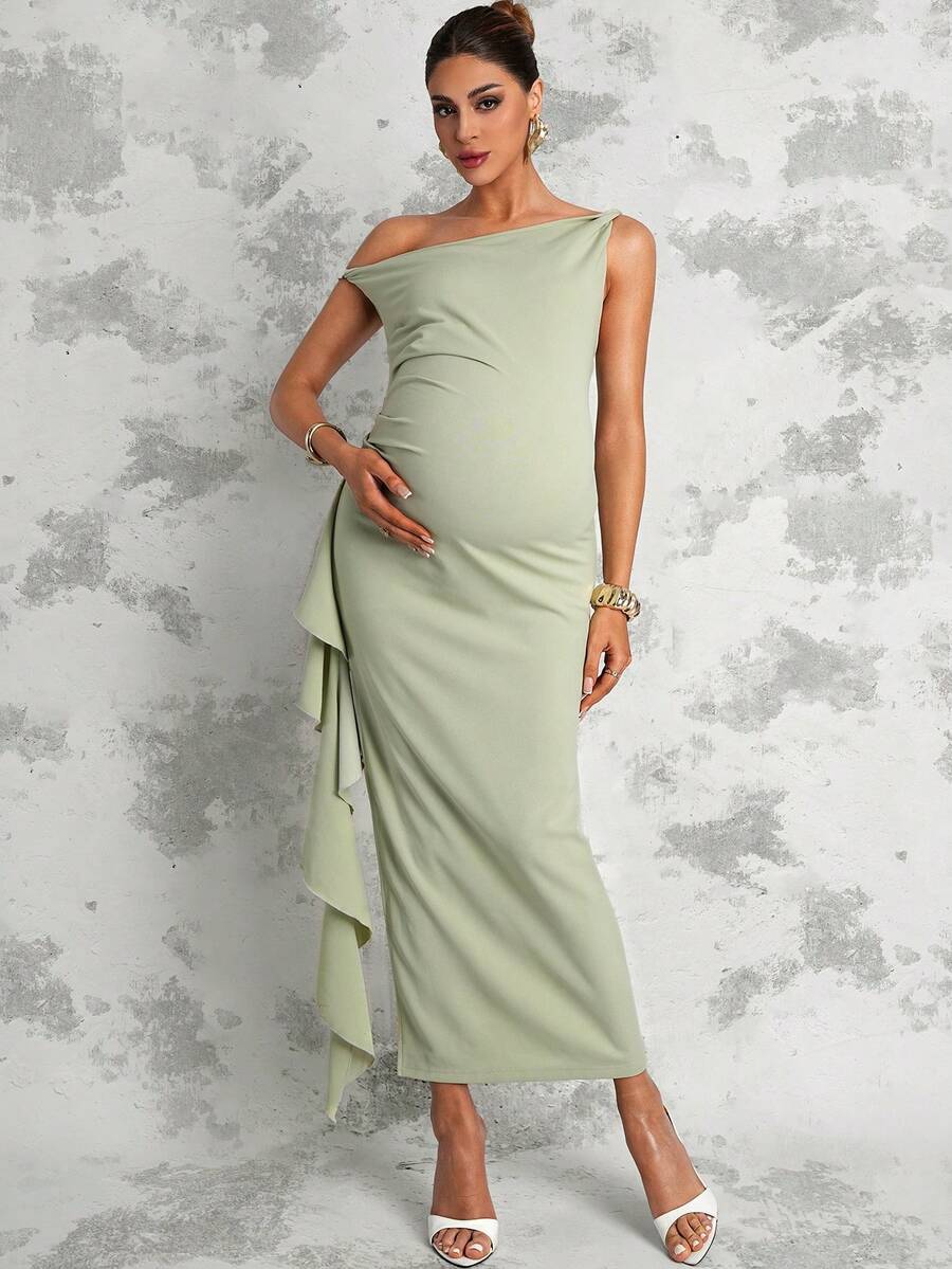 Maternity Sage Green Summer Elegant Dress,Asymmetric Shoulder Ruched Patchwork Ruffle Hem Side Slit Pregnancy Photoshoot Baby Shower Wedding Guest