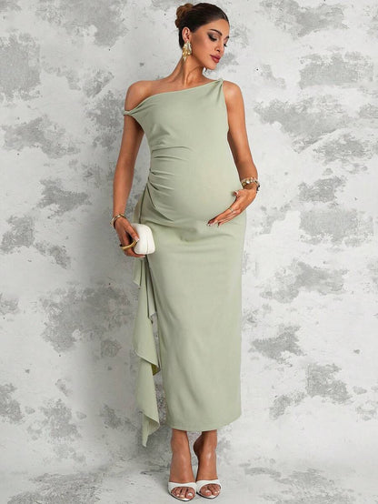 Maternity Sage Green Summer Elegant Dress,Asymmetric Shoulder Ruched Patchwork Ruffle Hem Side Slit Pregnancy Photoshoot Baby Shower Wedding Guest